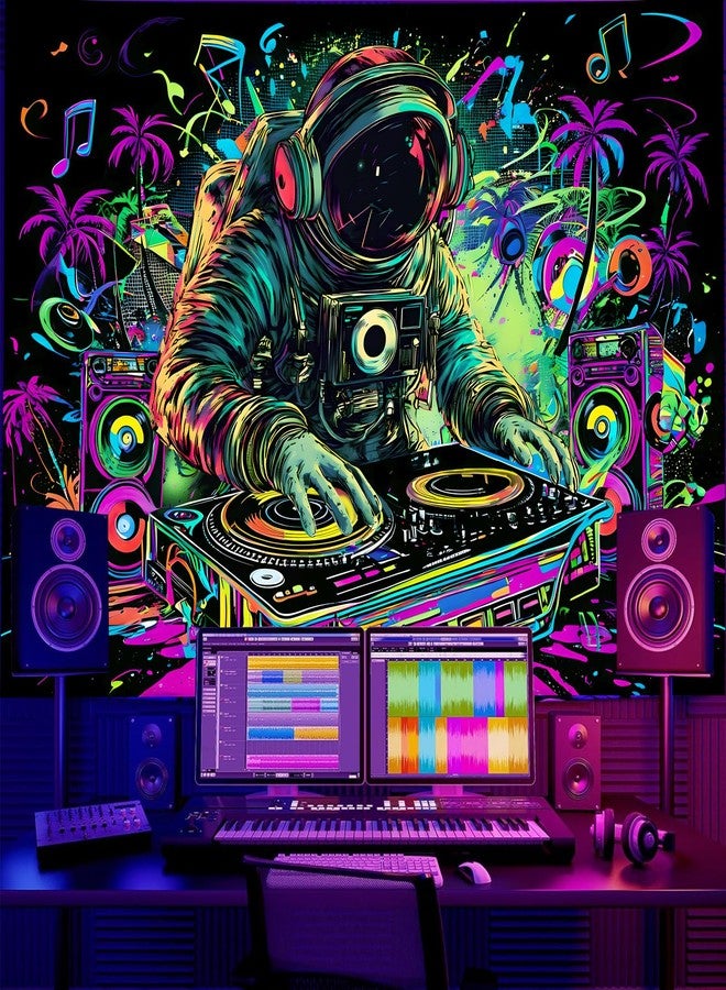TUGCAY Blacklight Astronaut Tapestry, UV Reactive Funny DJ Music Tapestry Trippy Hip Hop Coconut Tree Galaxy Space Wall Hanging Tapestries Decor for Home 59.1in x 51.2in - Image 2
